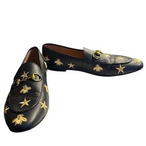 GUCCI Bees & Stars Black Leather Embroidered Loafers Size 43